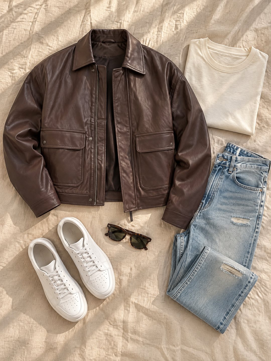 Post Instagram: outfit flat lay con la giacca in ecopelle, t-shirt, jeans, sneakers e occhiali da sole su lino beige