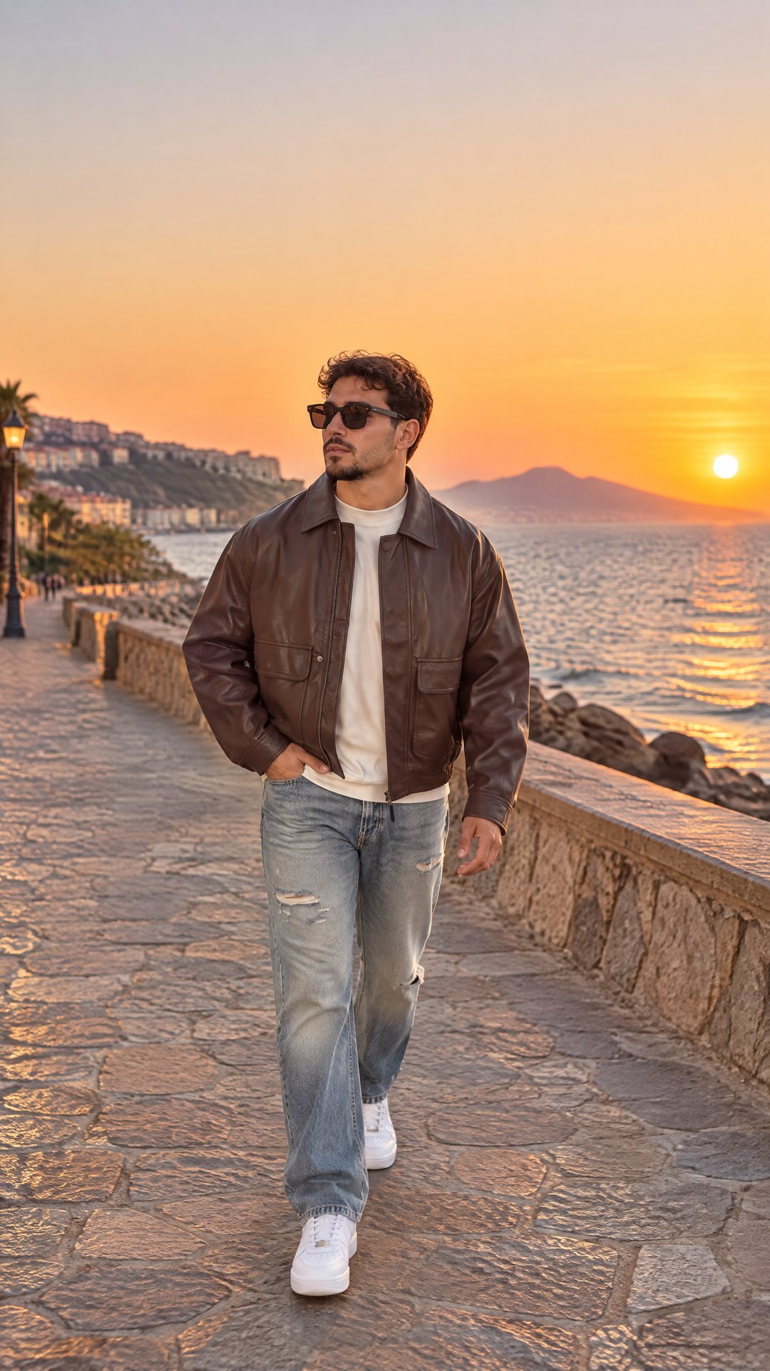 Storia Instagram: uomo con la giacca in ecopelle che cammina sul lungomare al tramonto